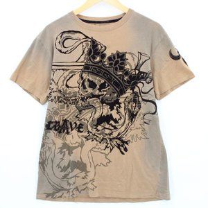 Vintage CRAVE T-shirt Men's Casual Brown Short Sleeve Skull All Over Print Sz L